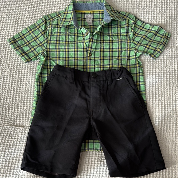 Hurley Other - Green Plaid Shirt and Black Shorts Set